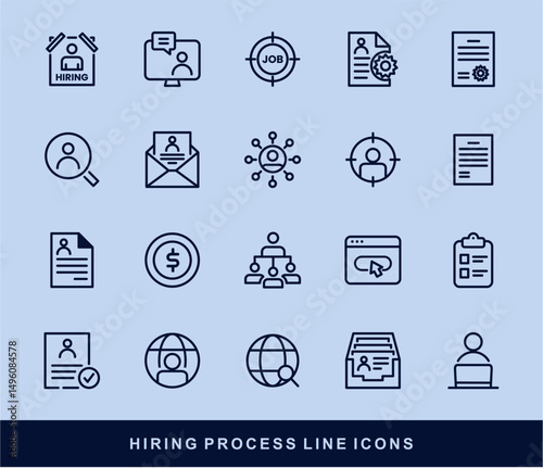 Hiring Process Line Icons. Recruitment, Job Application, Interview, Candidate Selection Vector Set