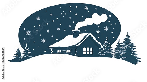 Snowy Cabin Winter Night Scene.