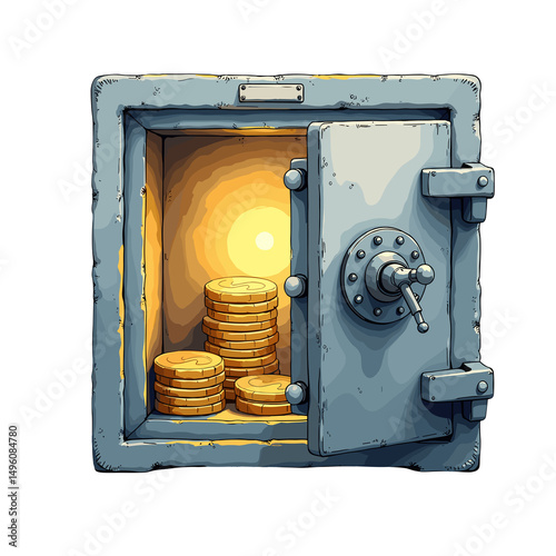 Illustration of an open safe with gold coins inside glowing light  
