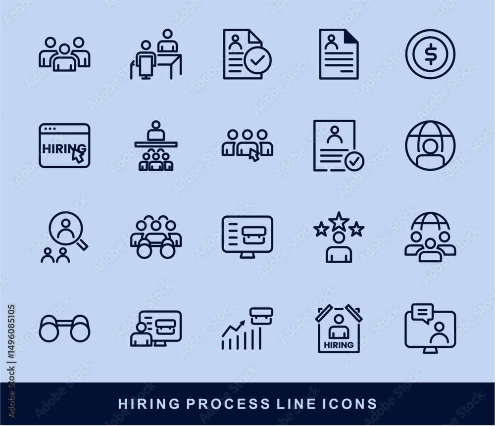 Fototapeta premium Hiring Process Line Icons. Recruitment, Job Application, Interview, Candidate Selection Vector Set