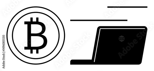 Bitcoin coin with a bold stylized B next to a laptop symbolizing digital payments, fintech, blockchain, investment, remote work, decentralized systems, e-commerce. Flat simple metaphor