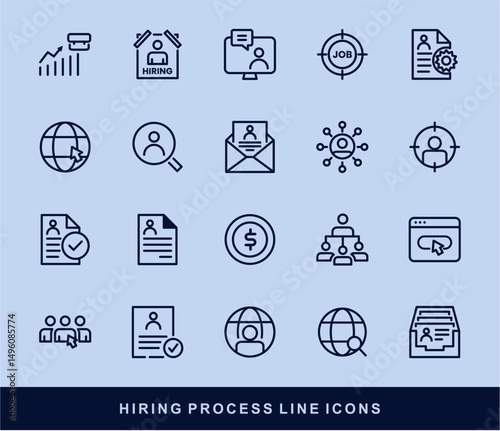 Hiring Process Line Icons. Recruitment, Job Application, Interview, Candidate Selection Vector Set