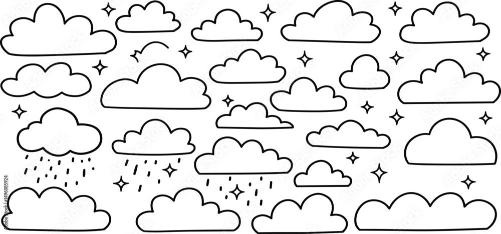 Fototapeta premium Kid pencil sketch clouds doodles set with stars - charcoal chalk hand drawn vector shapes isolated on white background. 