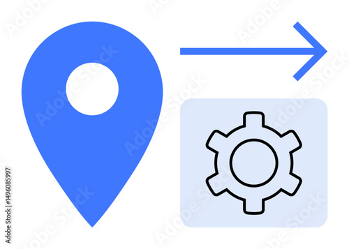 Blue location pin, forward arrow, and gear icon representing navigation, settings, optimization, direction, process control. Ideal for maps, technology workflows management systems simple landing