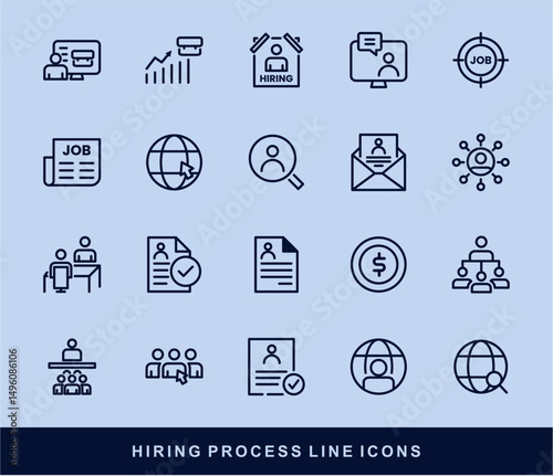 Hiring Process Line Icons. Recruitment, Job Application, Interview, Candidate Selection Vector Set