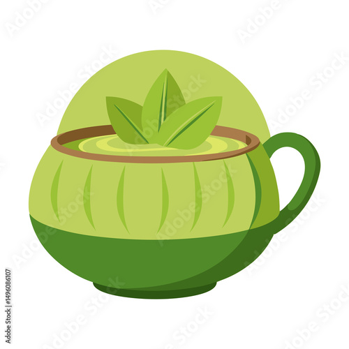 vector illustration on a green tea cup with leaves on a transparent background