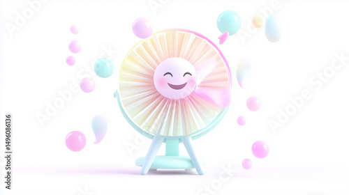 Happy Electric Fan with Balloons and Colorful Confetti, Celebration Concept