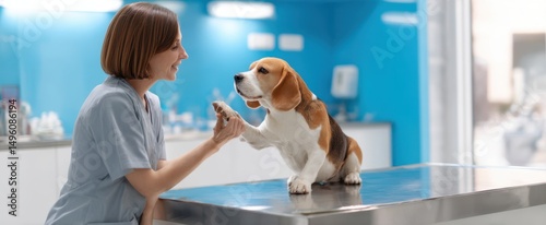 The veterinarian and beagle sharing a moment at the animal clinic. photo
