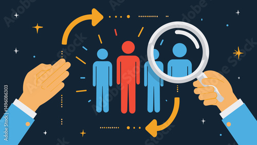 Vector illustration of candidate selection with magnifying glass highlighting standout red figure among blue people, surrounded by arrows and abstract business elements
