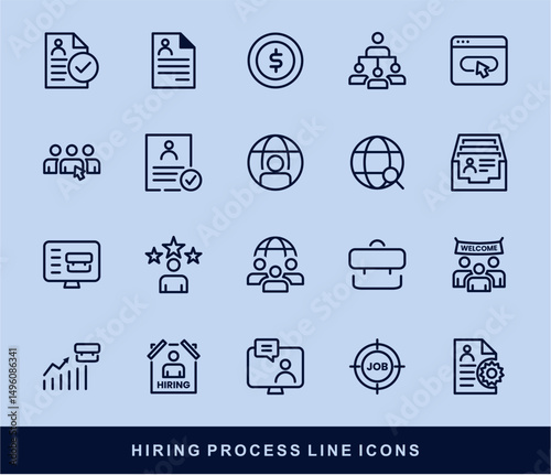 Hiring Process Line Icons. Recruitment, Job Application, Interview, Candidate Selection Vector Set