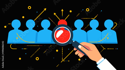 Flat vector illustration of talent acquisition showing magnifying glass selecting standout red candidate among blue figures on black background with abstract arrows and data lines
