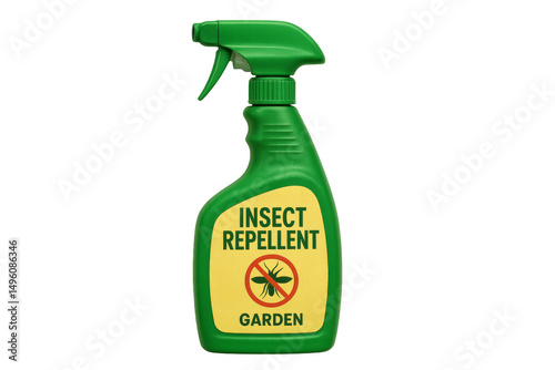Green plastic spray bottle of insect repellent for garden on transparent background