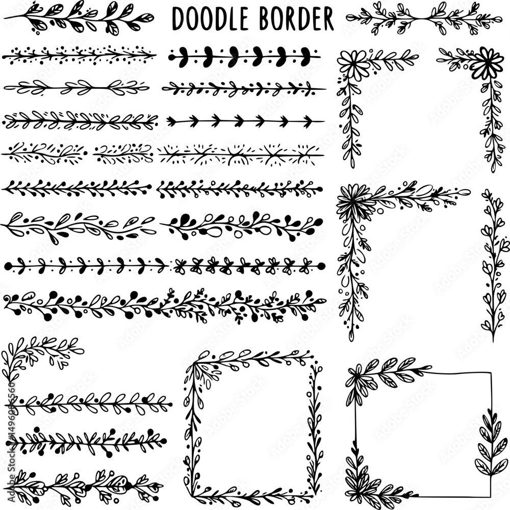 Doodle border. Flower ornament frame, decorative corner elements, floral sketch pattern. Vector doodle frame elements. EPS 10 version.