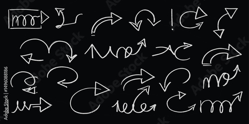 Chalk crayon arrows collection - hand sketched white doodle swirls, curved lines, pointers on blackboard. Chaotic artistic scribbles. 