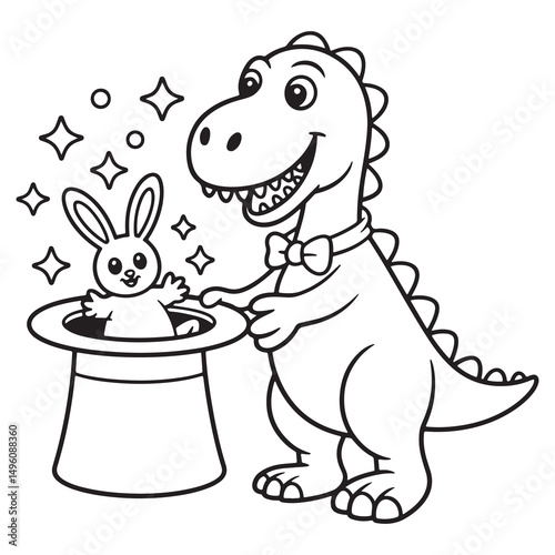 Magician Dinosaur Performing with Rabbit in Hat – Funny Cartoon Line Art for Kids Coloring Page
