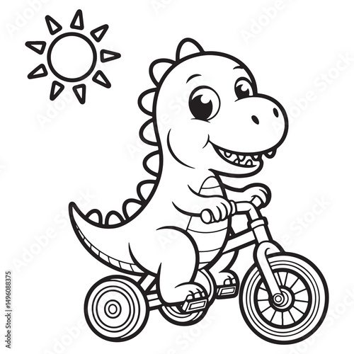 Cute Dinosaur Riding Bike in Sunshine – Adorable Prehistoric Cartoon Line Art for Coloring Book