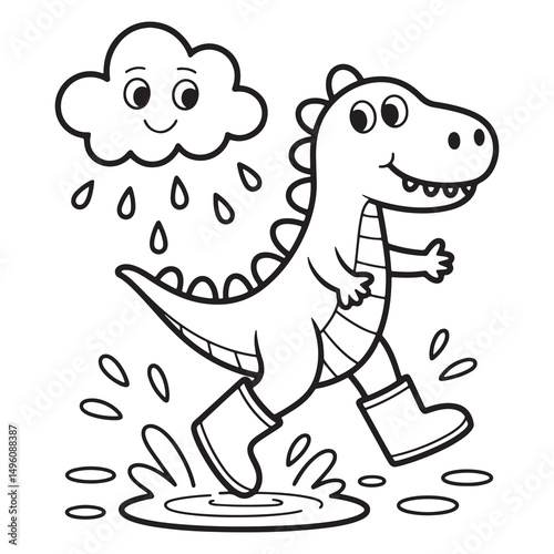 Cute Dinosaur and Cloud Running Scene – Playful Cartoon Line Art Coloring Page for Kids
