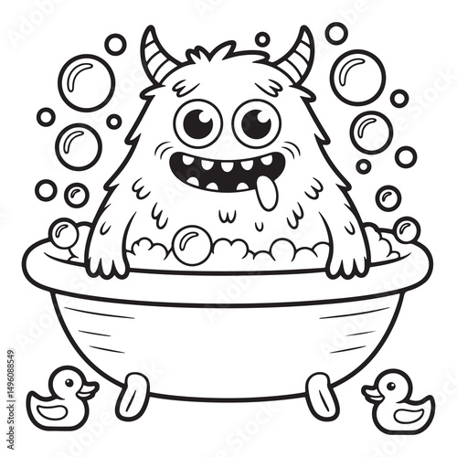 Cute Furry Monster Taking Bubble Bath – Funny Cartoon Line Art Coloring Page for Kids
