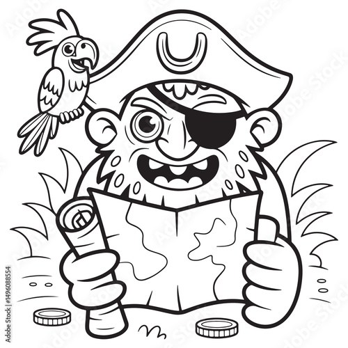 Pirate Monster with Parrot and Eye Patch – Funny Halloween Cartoon Line Art Coloring Page