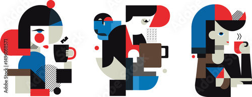 Vector set of geometric cubism coffee break illustrations.