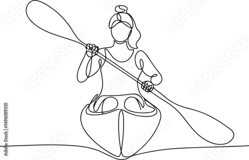 Woman rowing a canoe in continuous one line style as a minimalist vector illustration of dynamic water sports and athletic movement

