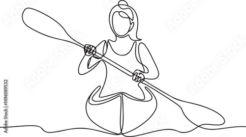 Woman rowing a canoe in continuous one line style as a minimalist vector illustration of dynamic water sports and athletic movement

