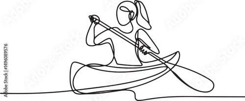 Woman rowing a canoe in continuous one line style as a minimalist vector illustration of dynamic water sports and athletic movement

