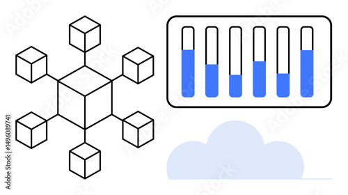 Network of interconnected cubes alongside a dashboard with data bar metrics and a cloud icon. Ideal for analytics, cloud computing, network systems, data visualization, information sharing, system