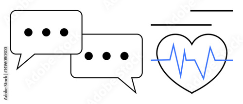 Speech bubbles paired with a heartbeat line illustrate the link between communication and health interaction. Ideal for healthcare, telemedicine, wellness chats, online consultation, communication