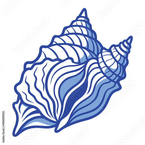 Blue Line Art Of Conch Shell In Doodle Style On Wh