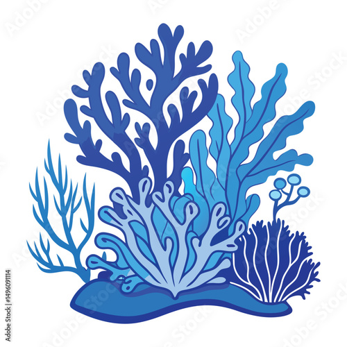 Blue Line Art Of Coral Reef Illustration On White