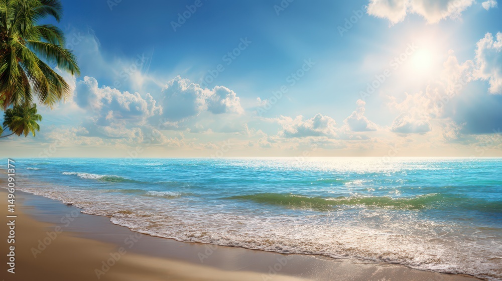 Serene Tropical Beach with Calm Waves, Soft Sand, Vibrant Sky, and Glimmering Sunlight Creating a Peaceful Seaside Atmosphere Serene Tropical Beach with Calm Waves, Soft Sand, Vibrant Sky, and Glimmering Sunlight Creating a Peaceful Seaside Atmosphere