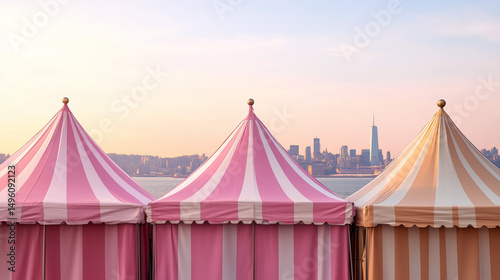 Colorful striped tents on waterfront with city skyline backdrop. Perfect for festivals and local markets theme