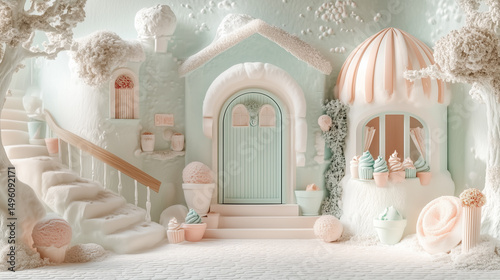 Candy-land architecture in pastel colors with sugary details on ice cream city street. Perfect for children’s media or fantasy design