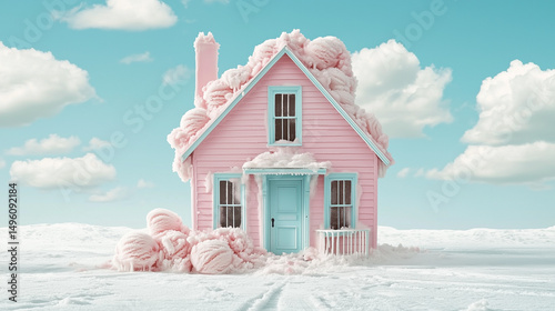 Fairytale pink house with ice-cream and cotton candy clouds in dreamlike landscape
