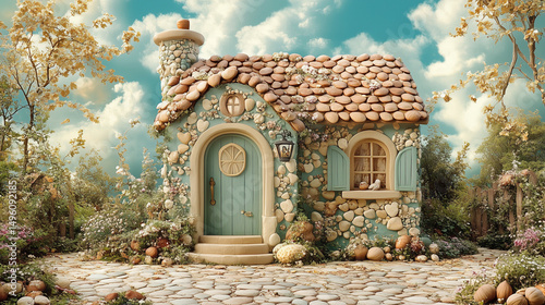 Enchanting stone cottage in a whimsical garden with nuts and natural details. Ideal for fairytales or children’s food themes
