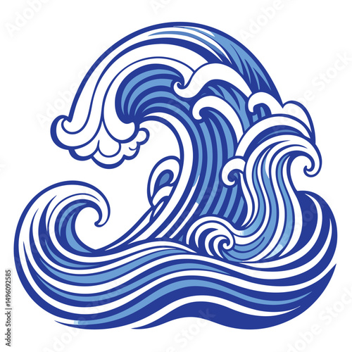 Blue Line Art Of Ocean Wave Pattern On White Backg (1)