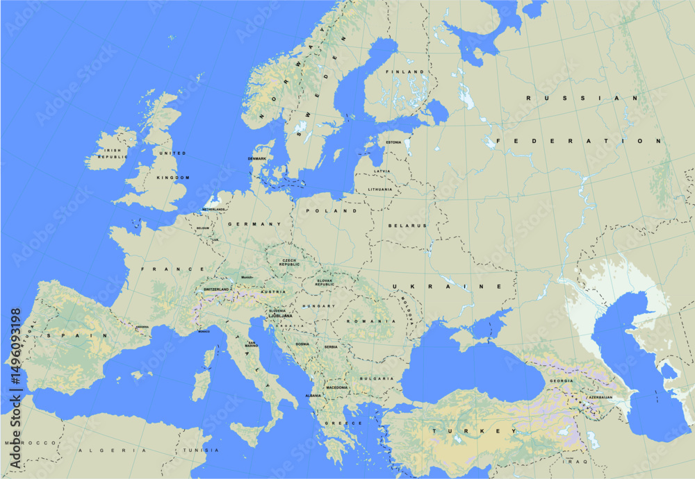 Obraz premium Vector geographical world map. Eastern Europe region with sweden, united kingdom, irish republic, poland, ukraine, belarus, france, germany, switzerland, spain, italy, romania, hungary, turkey, russia