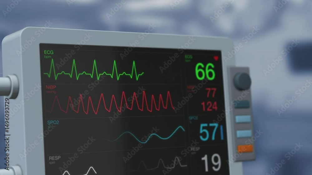 close-up ekg heart monitor flatline hospital machine ecg black and green line pulse.