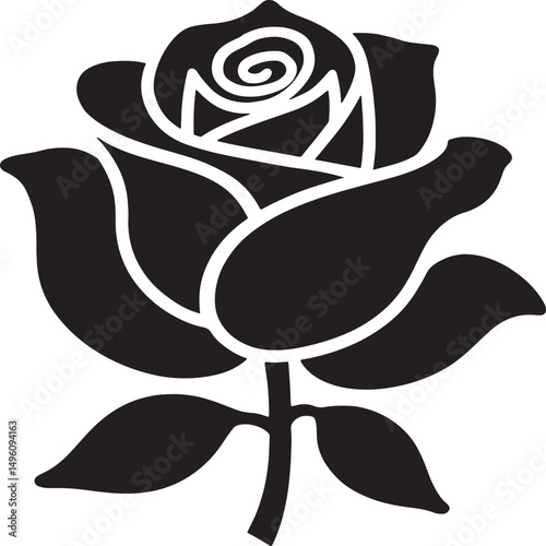 A striking, stylized silhouette of a rose in black and white, perfect for graphic design projects, logos, branding, or any design requiring a simple, elegant floral element.