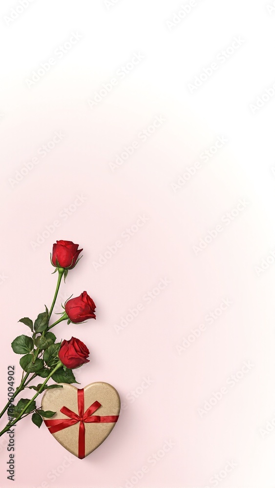 Elegant heart shaped gift box surrounded by vibrant red roses on a pristine white backdrop with ample space for personalized messages