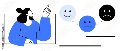 Woman pointing at three connected facial expressions - happy, neutral, sad, illustrating emotions and mood concepts. Ideal for psychology, communication, feedback, empathy, behavior relationships