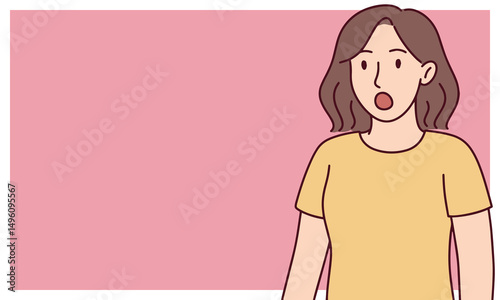 Woman in yellow shirt with shocked expression featured on pink background. Horizontal banner format with extra space for text, suitable for reactions or announcements. Copy space