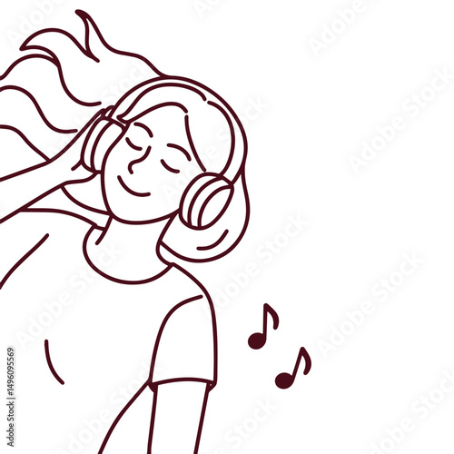 Young woman with long hair dancing joyfully to music with wireless headphones, eyes closed and smiling as she enjoys a personal moment of happiness and rhythm