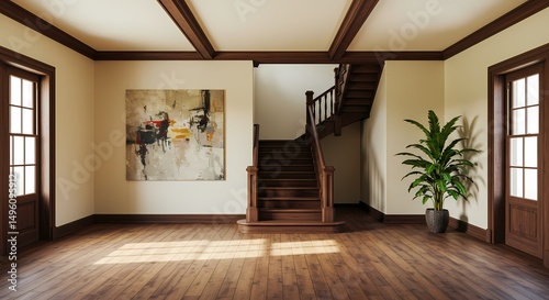 Modern interior with a wooden staircase and contemporary design in an empty home