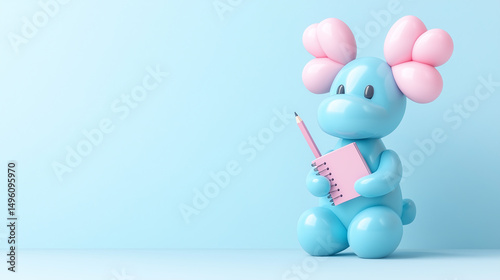 A balloon dog character holding a tiny notebook and pencil