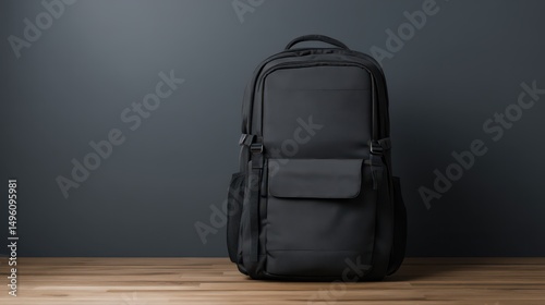 Stylish black backpack on wooden surface against grey wall, perfect for travel, school, or daily use. Versatile design for any occasion or setting.