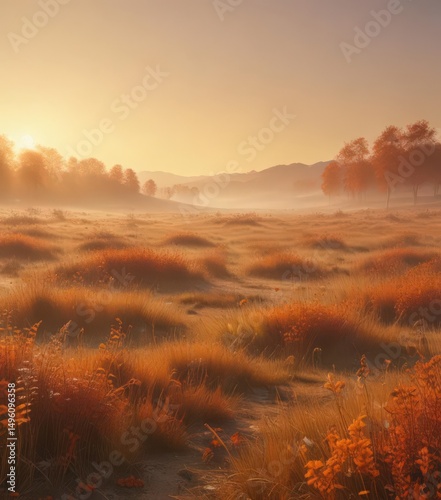 Misty sunrise paints abstract autumn meadow in warm golds and oranges ,  light,  meadow