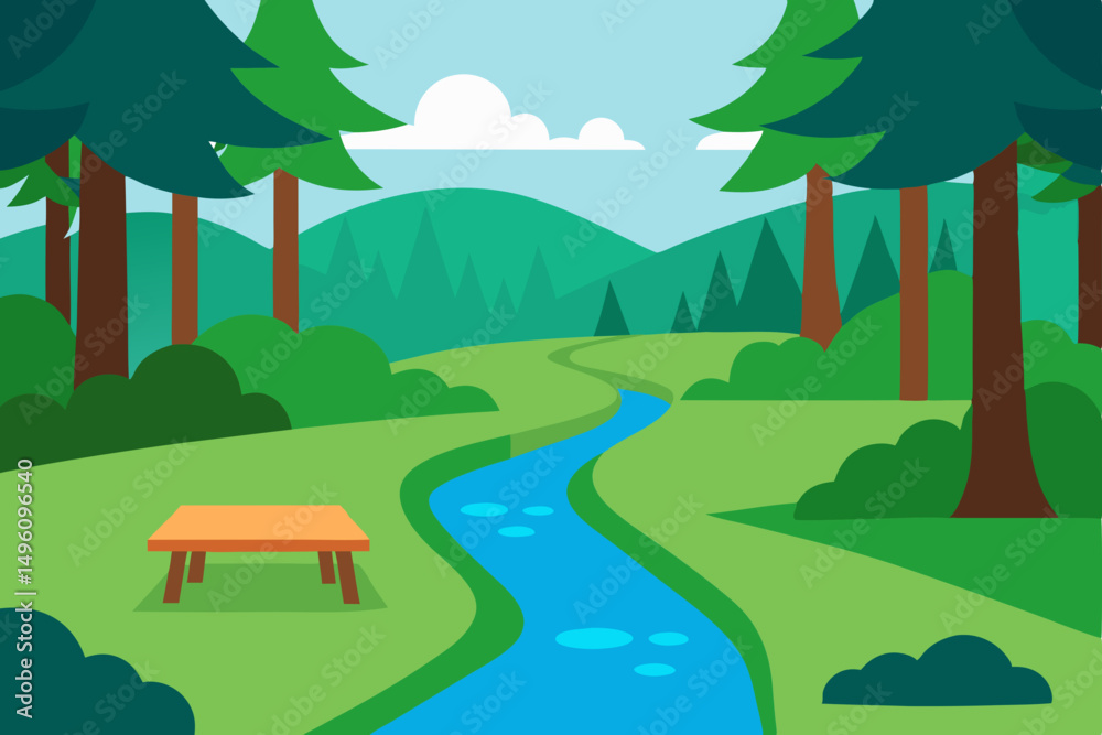 Obraz premium Peaceful Forest Stream with Checkered Picnic Blanket in Summer Vector Illustration Background