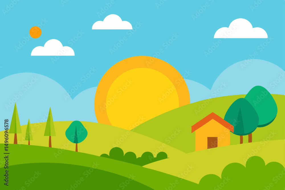Fototapeta premium Picturesque Sunny Countryside Landscape Wallpaper Vector Illustration Background